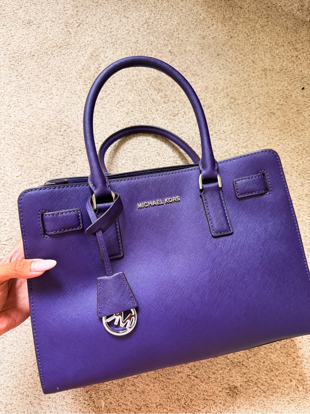 Michael Kors Purple Saffiano Leather Satchel with Silver-Tone Logo